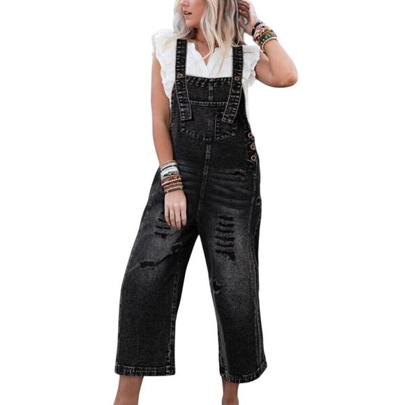 Amaryllis Distressed Overall Wide-Leg Relaxed Adjustable Straps Vintage Inspired - Picture 1 of 2